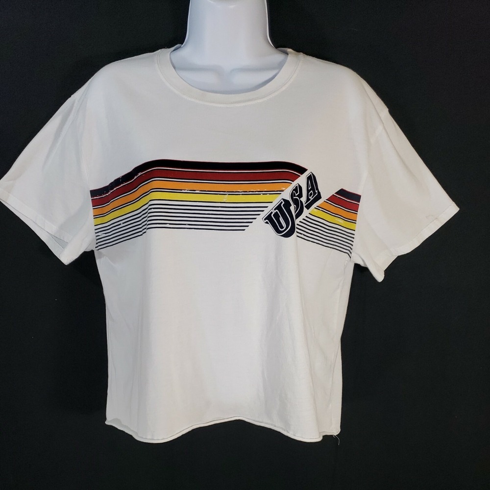 Grayson Threads USA Crop T-Shirt Women's Short Sleeve White Stripe Large